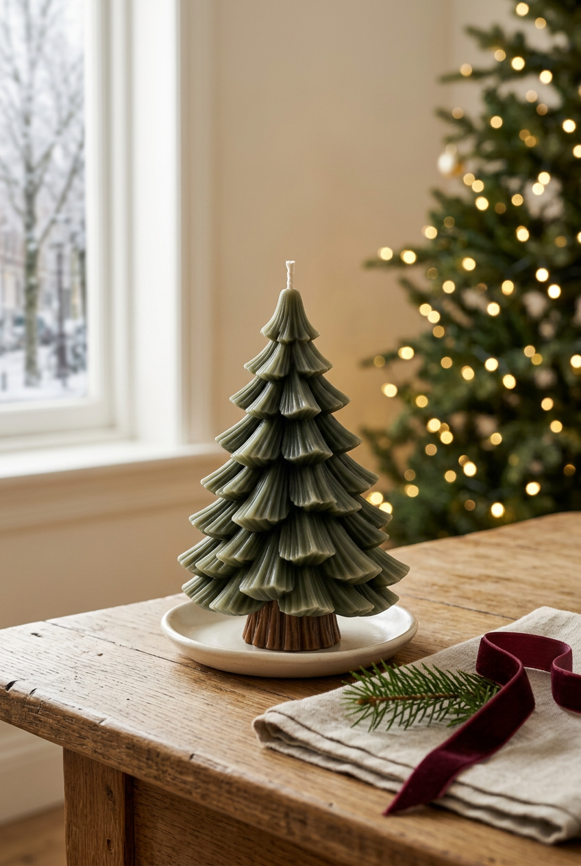 Evergreen candle in a sunlit Christmas still life