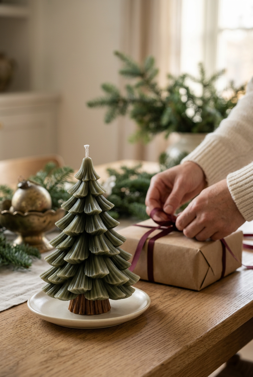 Evergreen candle with a natural Christmas gift-wrapping scene